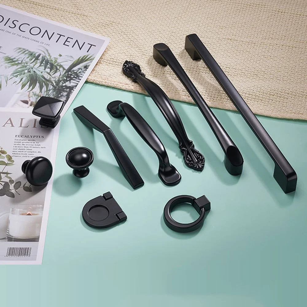 Modern Cabinet Handle Furniture Parts Zinc Alloy Drawer Wardrobe Puller Handle - Style 6032A / 96mm Pitch / Matt Black - 6