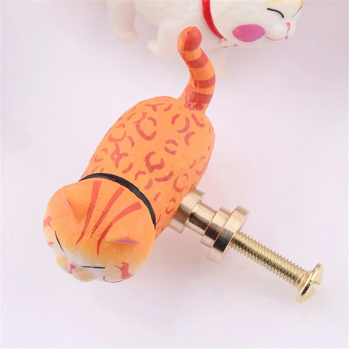 PVC+Brass Single Hole Furniture Handle Cute Cat Rotatable Drawer Wardrobe Cabinet Pull Handle, 25mm Screw - Tiger Texture Cat - 5