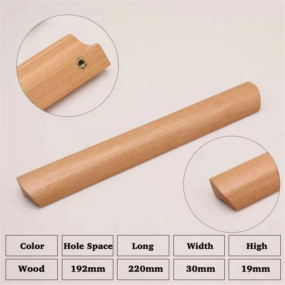 Beech Wood Cabinet Pulls Handle 22mm Screw Cupboard Wardrobe Wooden Pulls - 192mm Hole Distance - 2