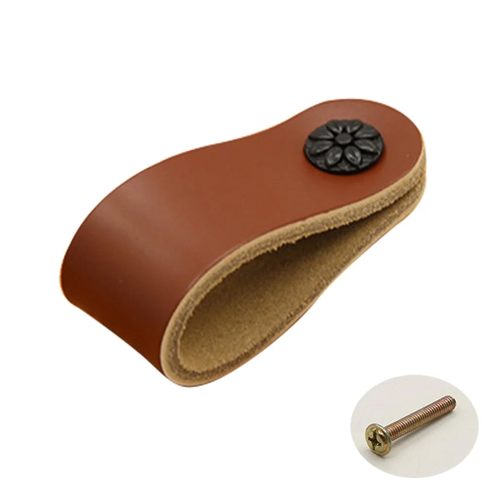 22mm Screw Leather Cabinet Pulls Anti-Collision Wardrobe Drawer Handles Pulls - 6188 Brown / Single Hole - 1