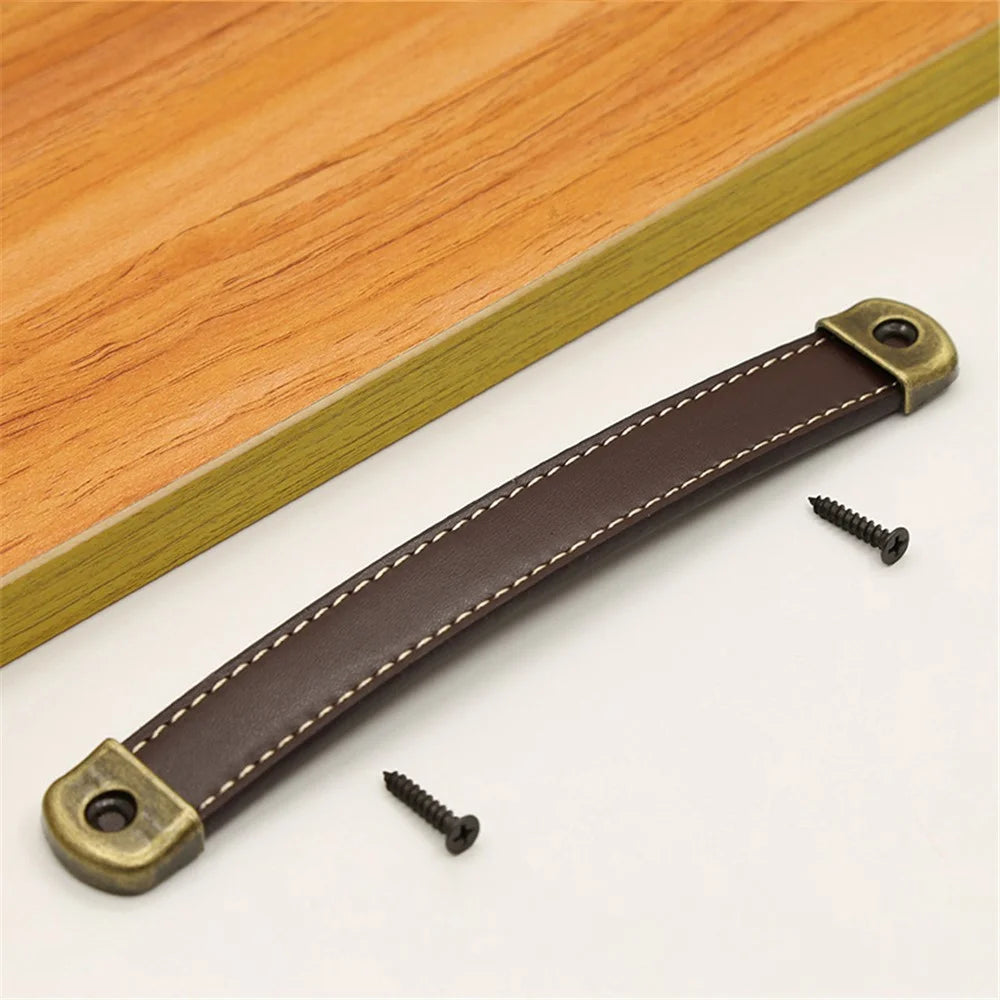 Leather Drawer Handles Wardrobe Cabinets Kitchen Closet Knob Door Pulls with 18mm Self-Tapping Screw - 6501 Dark Brown-160 - 1