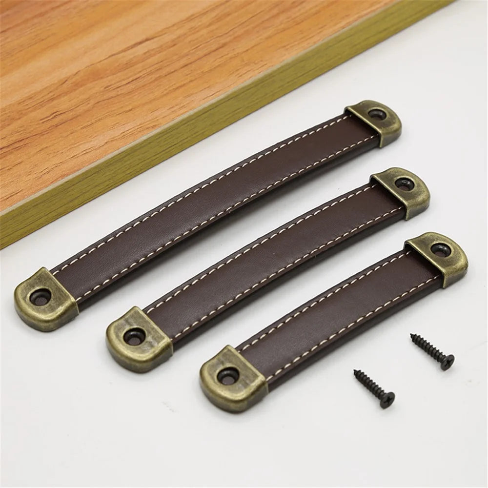 Leather Drawer Handles Wardrobe Cabinets Kitchen Closet Knob Door Pulls with 18mm Self-Tapping Screw - 6501 Dark Brown-160 - 5