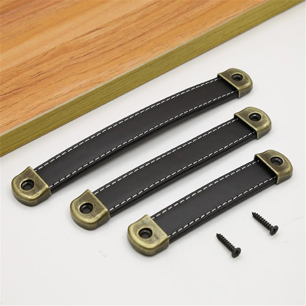 Leather Drawer Handles Wardrobe Cabinets Kitchen Closet Knob Door Pulls with 18mm Self-Tapping Screw - 6501 Dark Brown-160 - 6