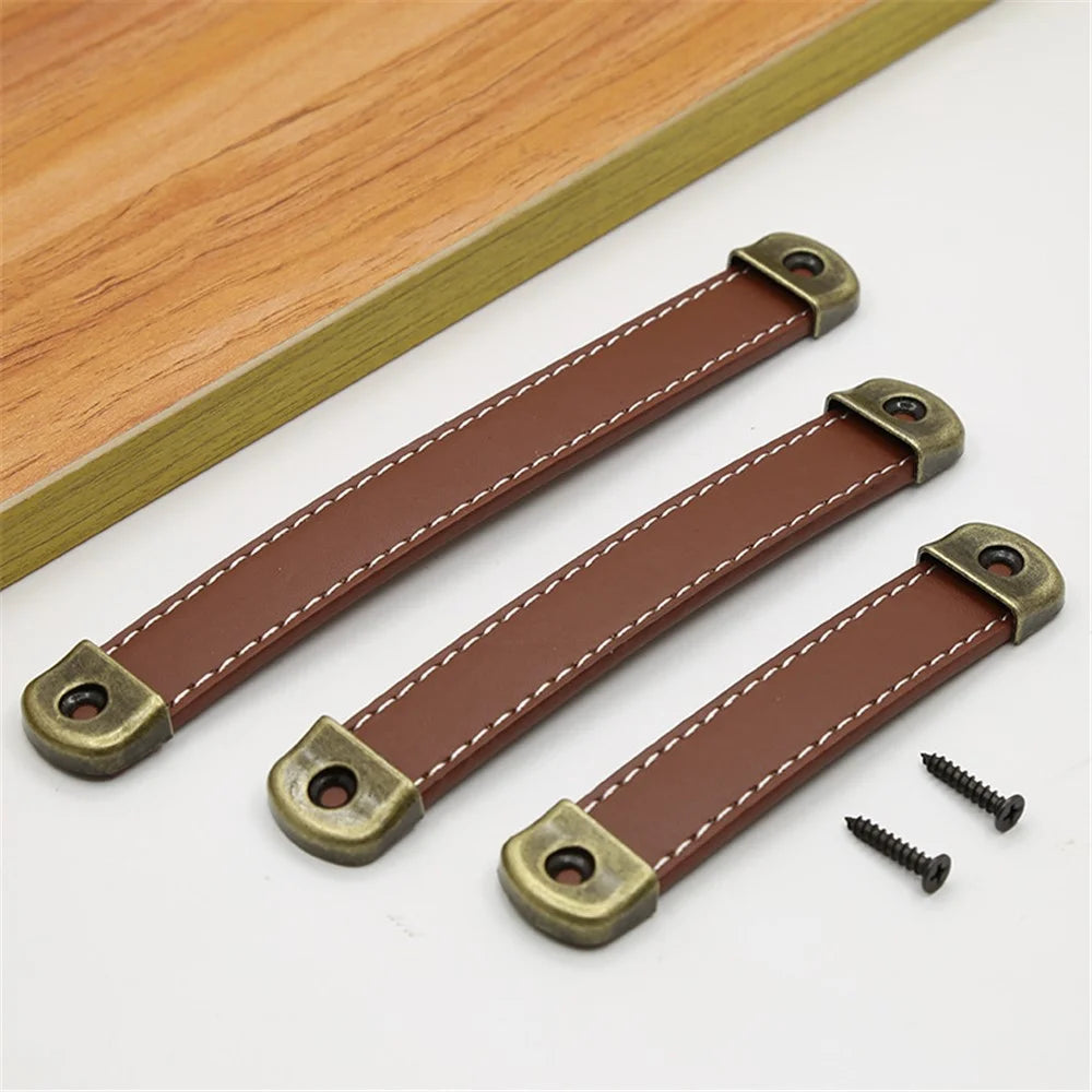 Leather Drawer Handles Wardrobe Cabinets Kitchen Closet Knob Door Pulls with 18mm Self-Tapping Screw - 6501 Dark Brown-160 - 7