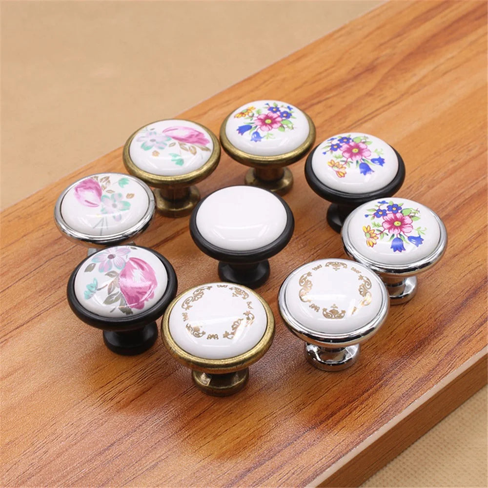Single Hole Zinc Alloy + Ceramic Handle Painted Kitchen Vintage Door Drawer Handle Cabinet Pulls Knob with 25mm Screw - 1799 Bronze-Blue Flower - 3
