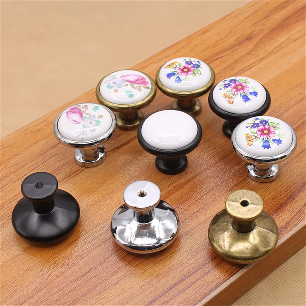 Single Hole Zinc Alloy + Ceramic Handle Painted Kitchen Vintage Door Drawer Handle Cabinet Pulls Knob with 25mm Screw - 1799 Bronze-Blue Flower - 4