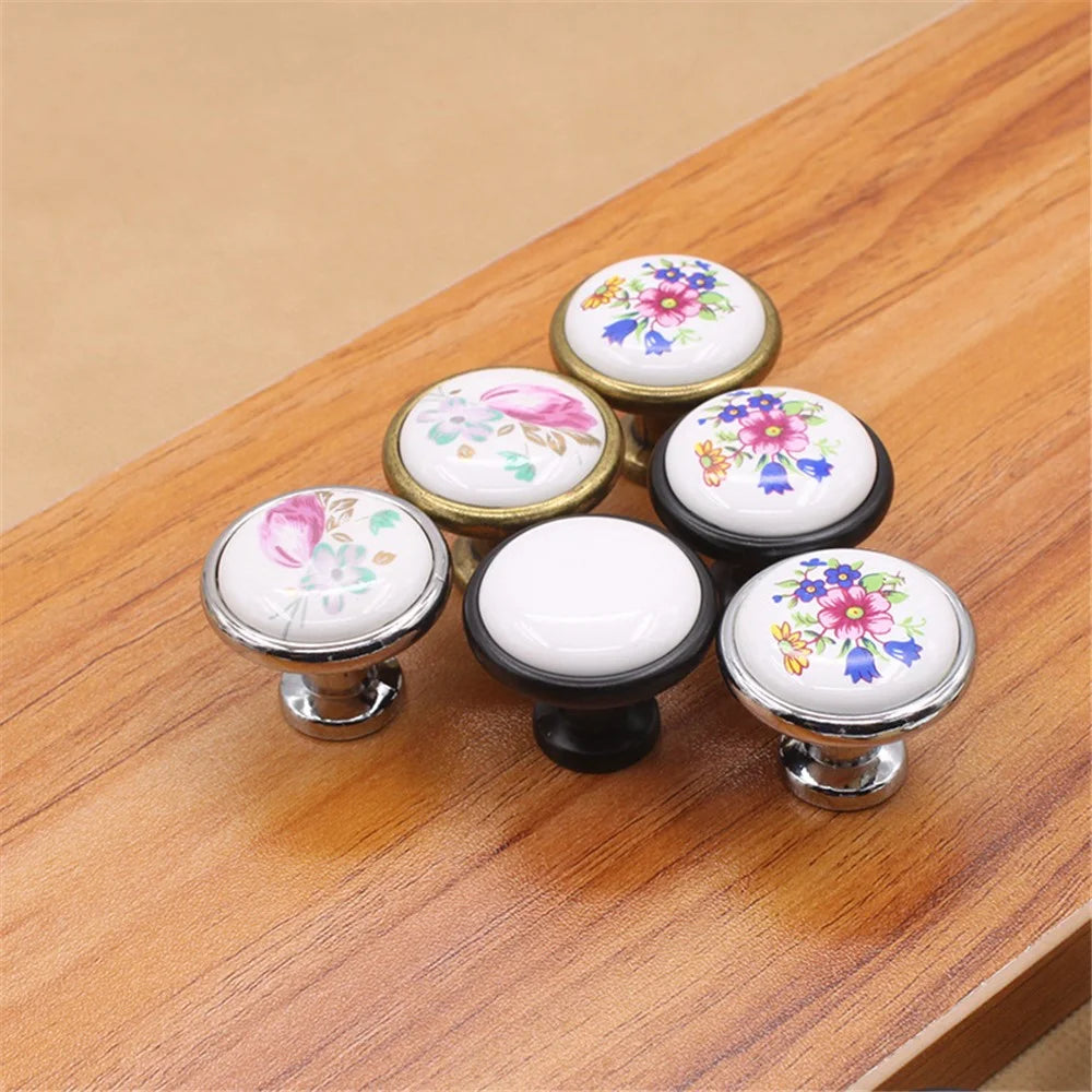 Single Hole Zinc Alloy + Ceramic Handle Painted Kitchen Vintage Door Drawer Handle Cabinet Pulls Knob with 25mm Screw - 1799 Bronze-Blue Flower - 5
