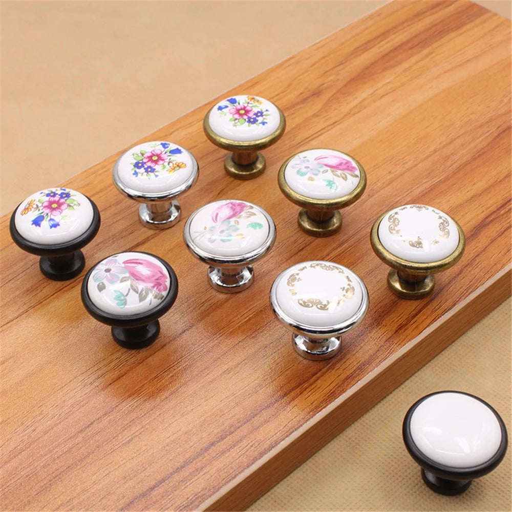 Single Hole Zinc Alloy + Ceramic Handle Painted Kitchen Vintage Door Drawer Handle Cabinet Pulls Knob with 25mm Screw - 1799 Bronze-Blue Flower - 6