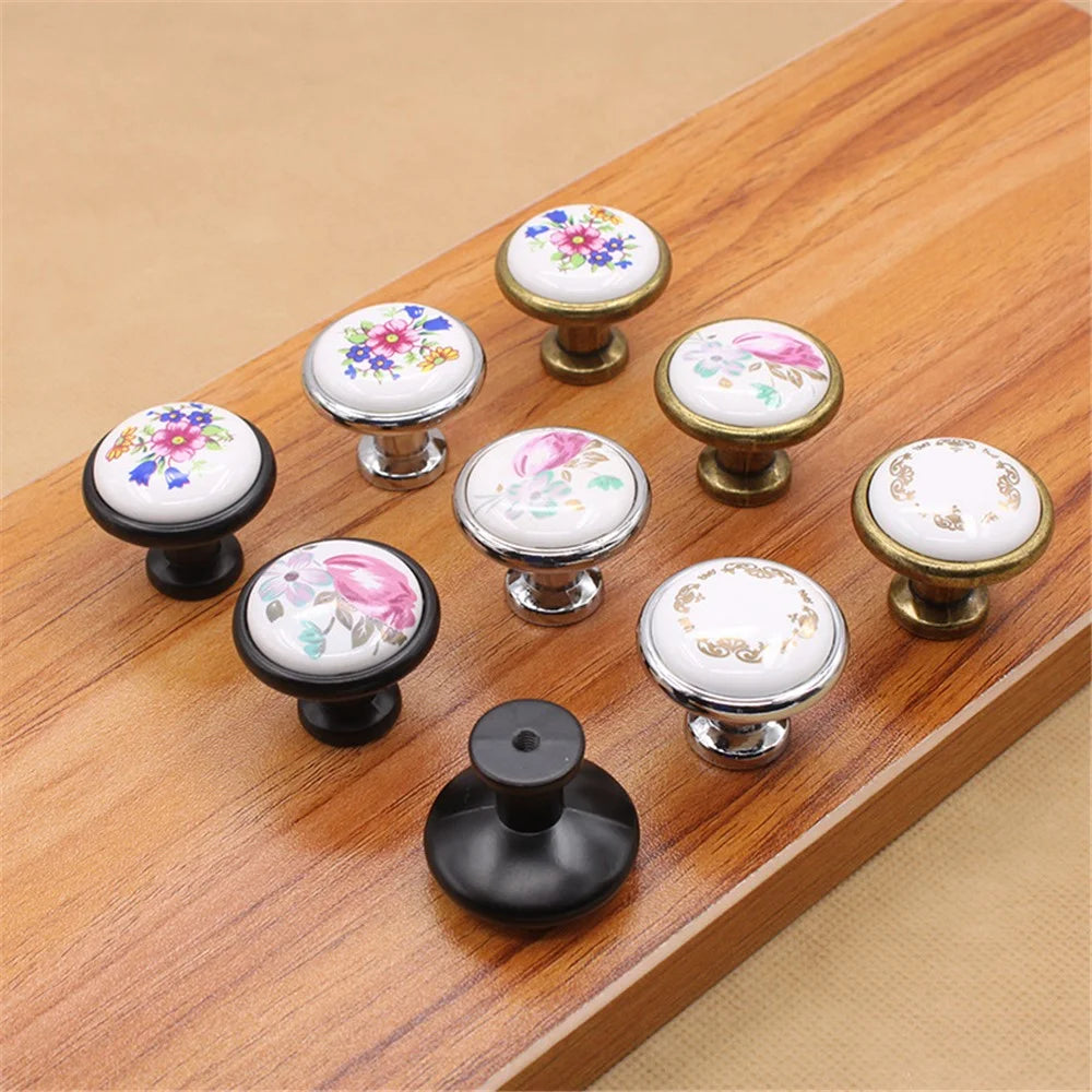 Single Hole Zinc Alloy + Ceramic Handle Painted Kitchen Vintage Door Drawer Handle Cabinet Pulls Knob with 25mm Screw - 1799 Bronze-Blue Flower - 7