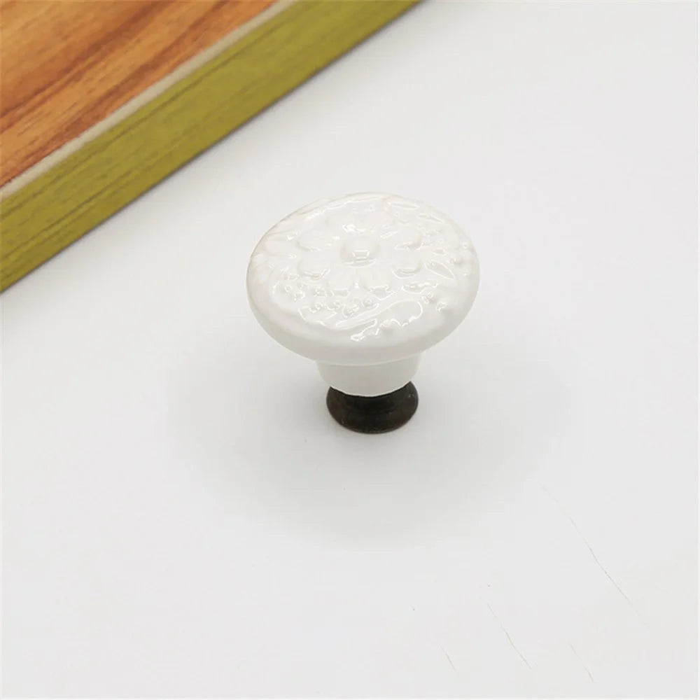 Ceramic Cabinet Drawer Door Knob Cupboard Wardrobe Embossed Round Pull Handle with 25mm Screw - White - 1