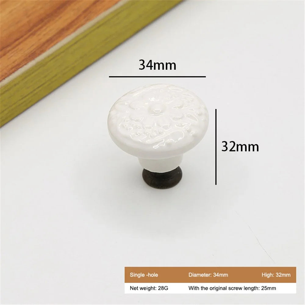 Ceramic Cabinet Drawer Door Knob Cupboard Wardrobe Embossed Round Pull Handle with 25mm Screw - White - 2