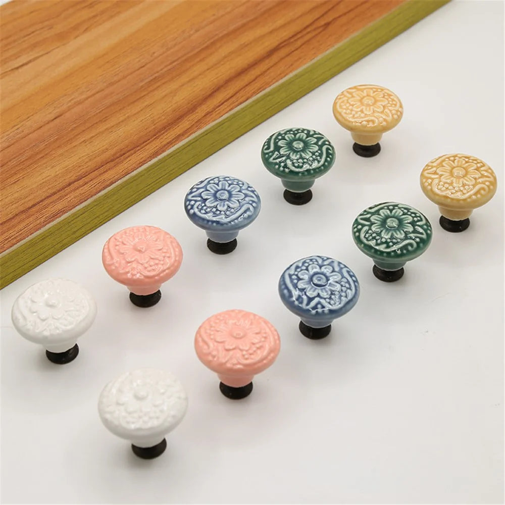 Ceramic Cabinet Drawer Door Knob Cupboard Wardrobe Embossed Round Pull Handle with 25mm Screw - White - 3