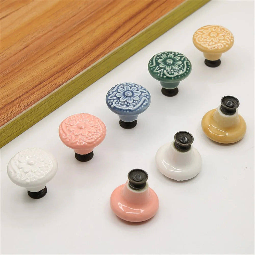 Ceramic Cabinet Drawer Door Knob Cupboard Wardrobe Embossed Round Pull Handle with 25mm Screw - White - 4