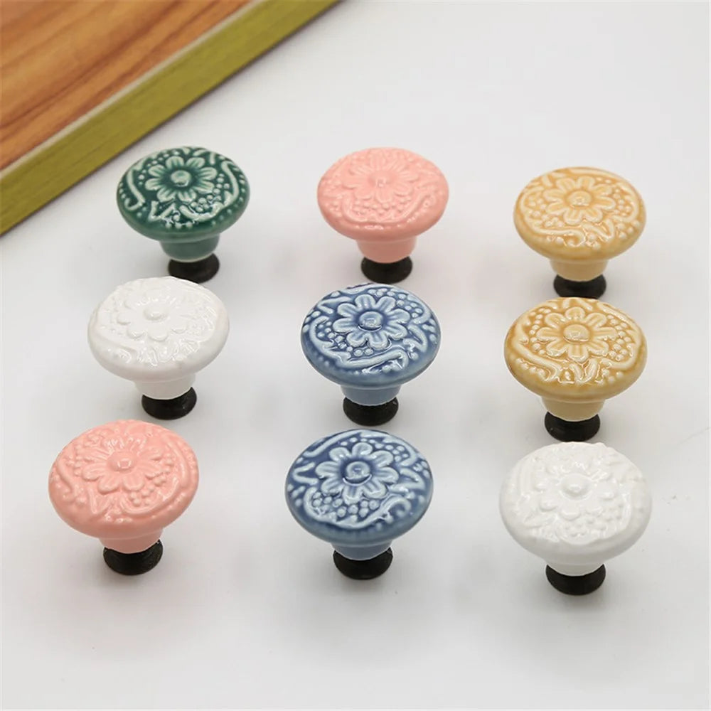 Ceramic Cabinet Drawer Door Knob Cupboard Wardrobe Embossed Round Pull Handle with 25mm Screw - White - 5