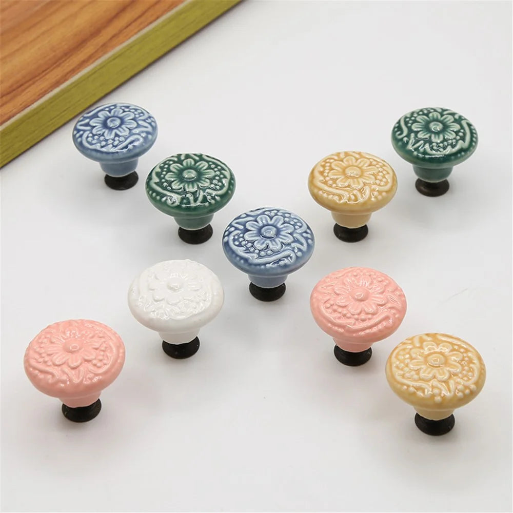 Ceramic Cabinet Drawer Door Knob Cupboard Wardrobe Embossed Round Pull Handle with 25mm Screw - White - 6