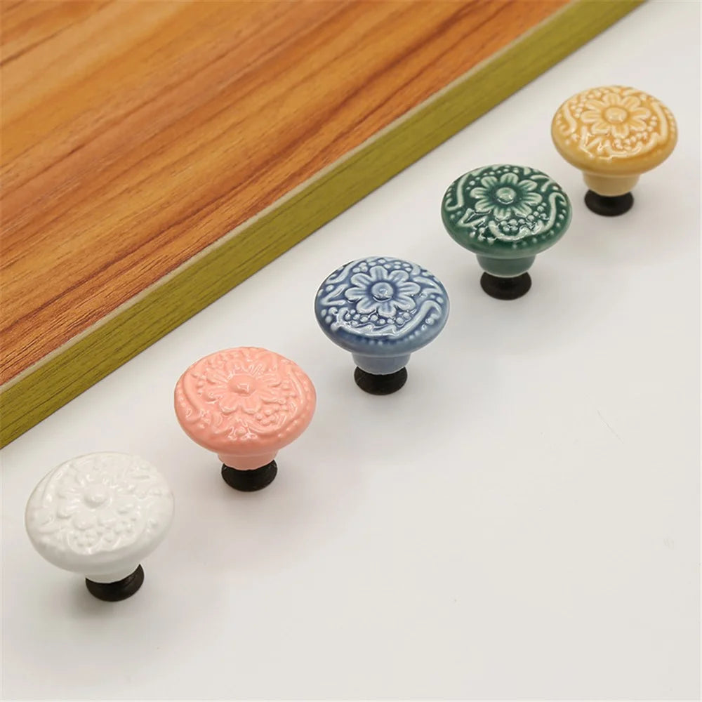 Ceramic Cabinet Drawer Door Knob Cupboard Wardrobe Embossed Round Pull Handle with 25mm Screw - White - 7