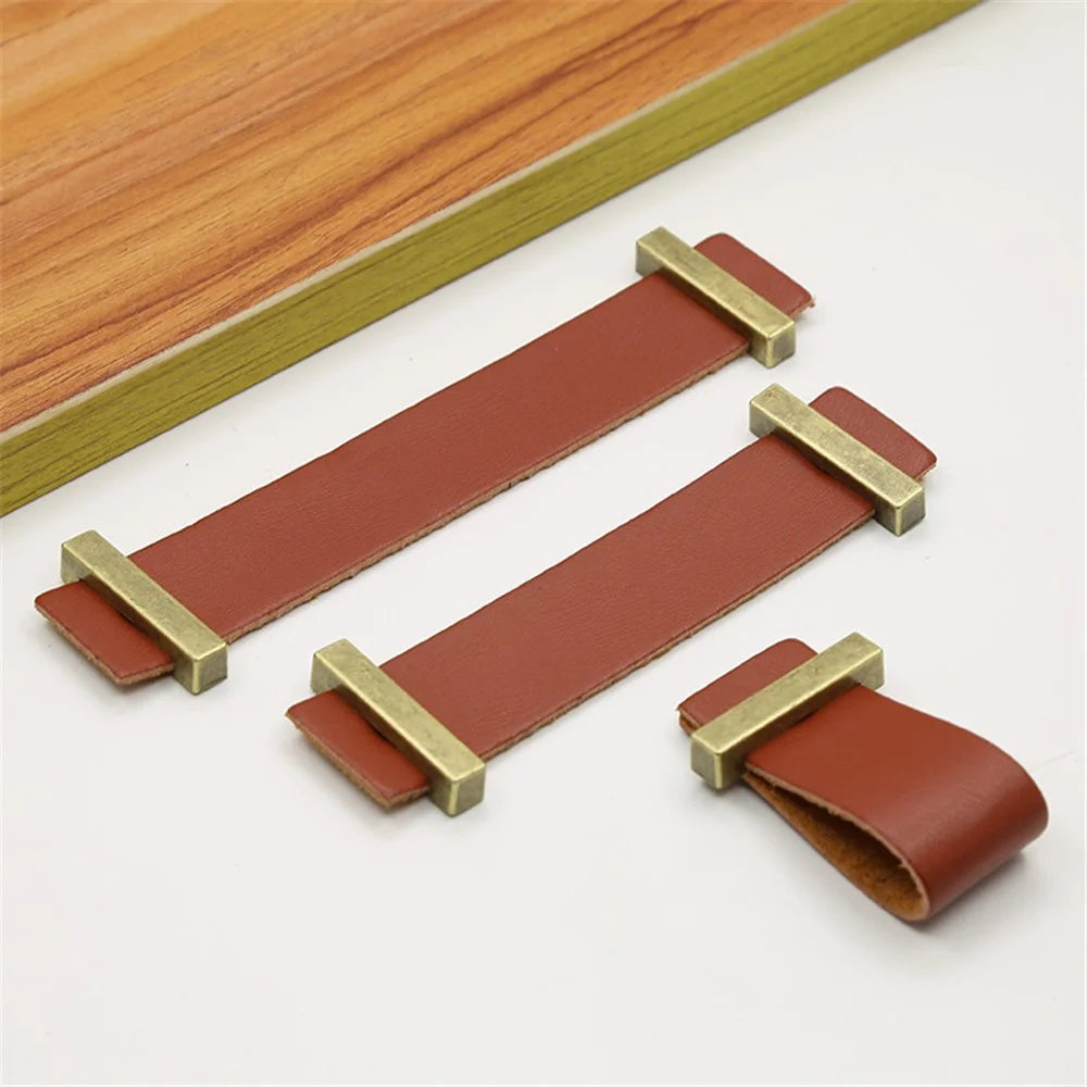Cabinet Leather Handle Wardrobe Pull Retro Drawer Kitchen Furniture Leather Knob with 22mm Screw - Light Brown / Single Hole - 7