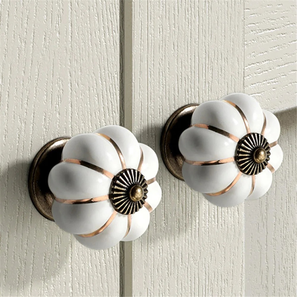 5088 Pumpkin Shape Ceramic Handle Drawer Knob Single Hole Closet Door Handle with 22mm Screw - White - 3