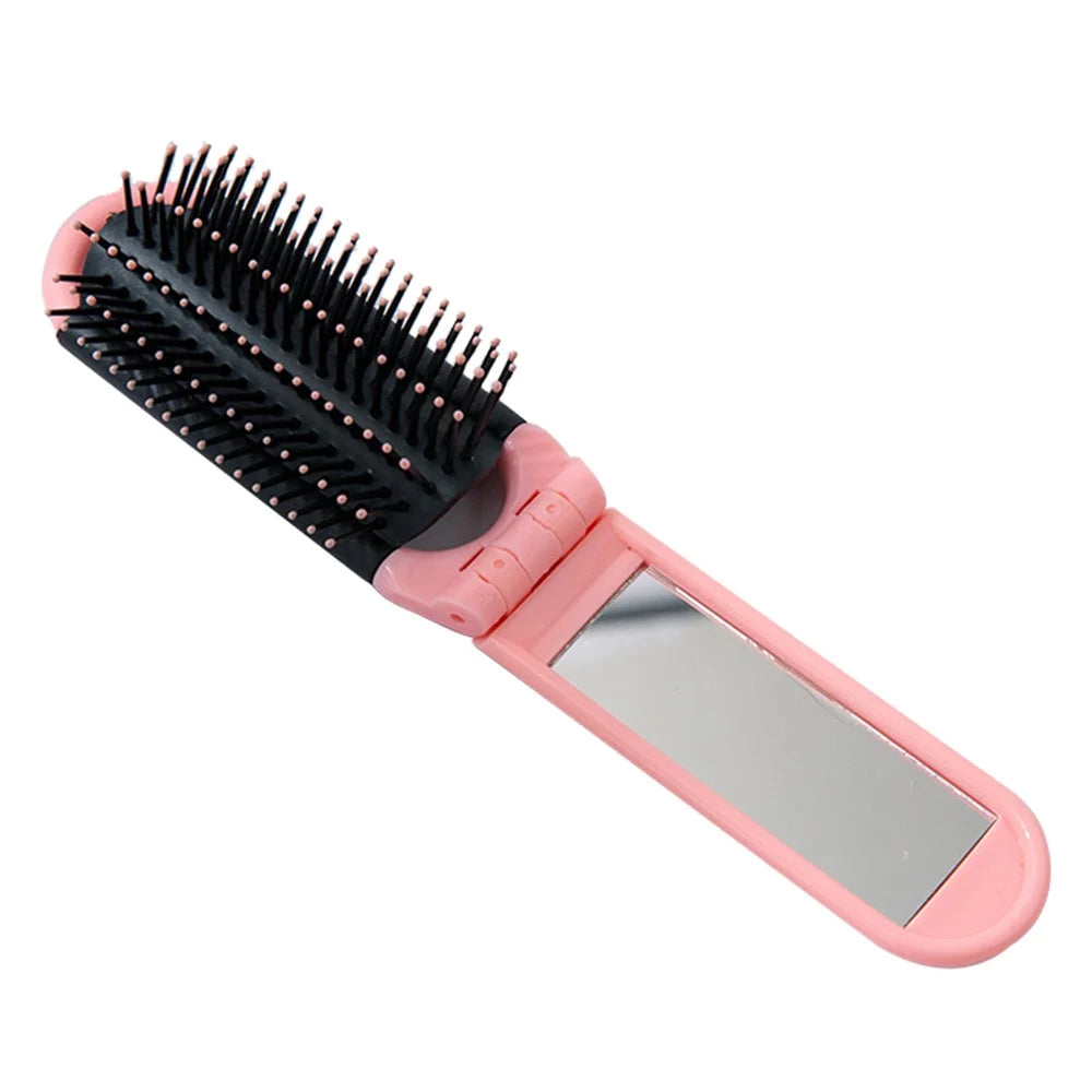 Portable Folding Massage Comb Pocket Size Women Travel Hair Brush with Mirror - Pink - 1