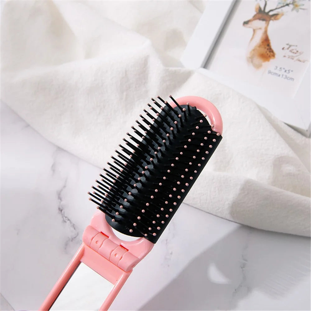 Portable Folding Massage Comb Pocket Size Women Travel Hair Brush with Mirror - Pink - 2
