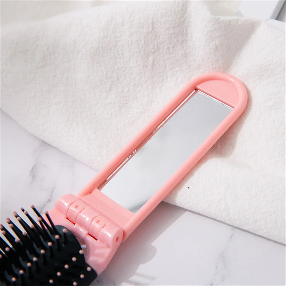 Portable Folding Massage Comb Pocket Size Women Travel Hair Brush with Mirror - Pink - 3