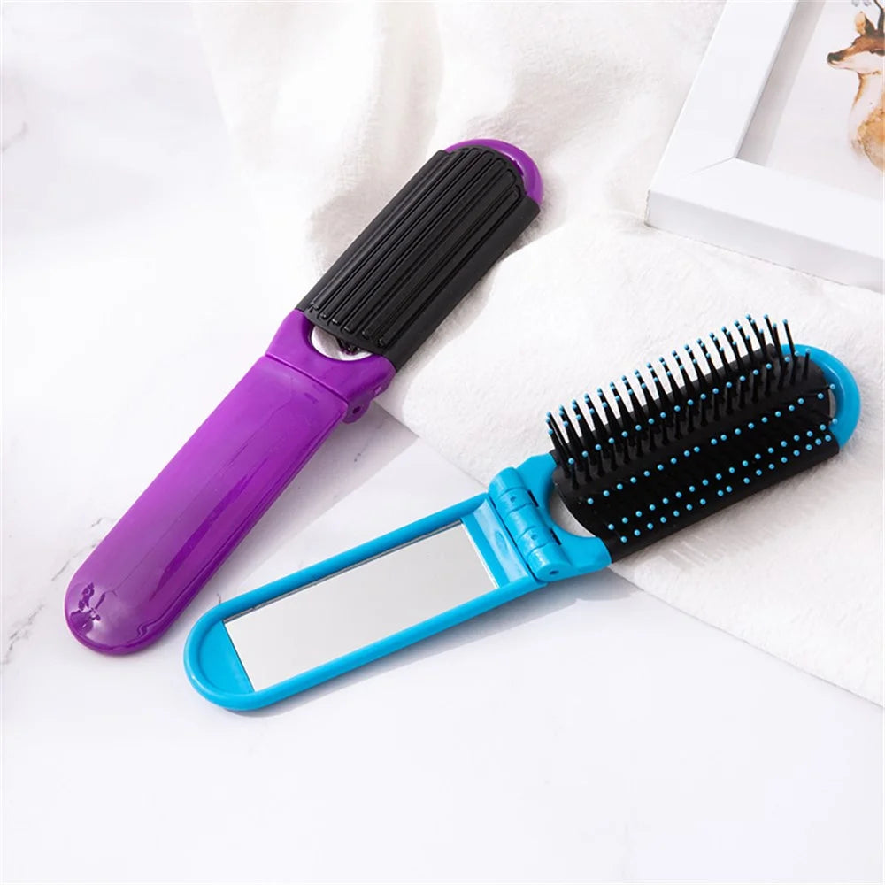 Portable Folding Massage Comb Pocket Size Women Travel Hair Brush with Mirror - Pink - 4