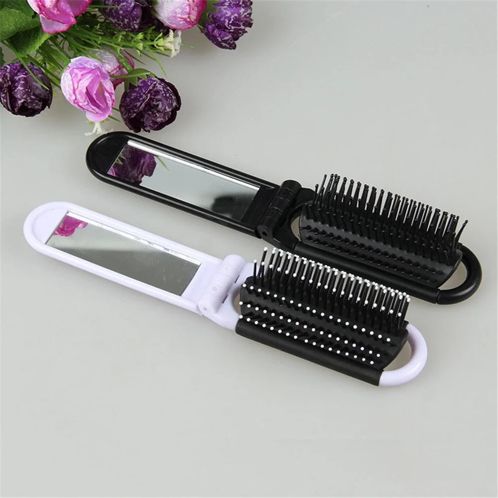 Portable Folding Massage Comb Pocket Size Women Travel Hair Brush with Mirror - Pink - 5