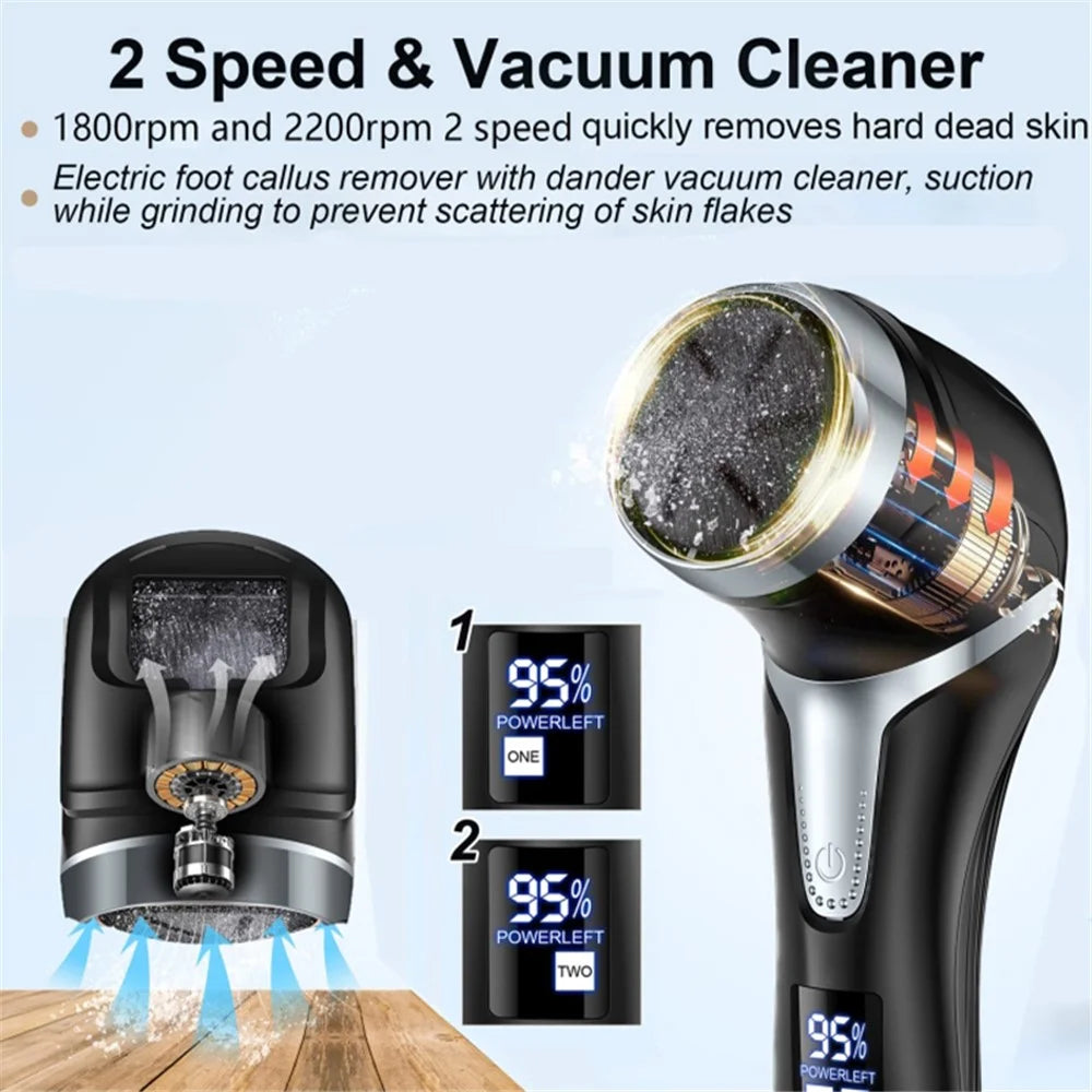 JD-510 Electric Foot File Callus Remover Pedicure Tools Foot Care Kit with 3 Roller Heads, 2 Speed, Vacuum Cleaner - Black - 3
