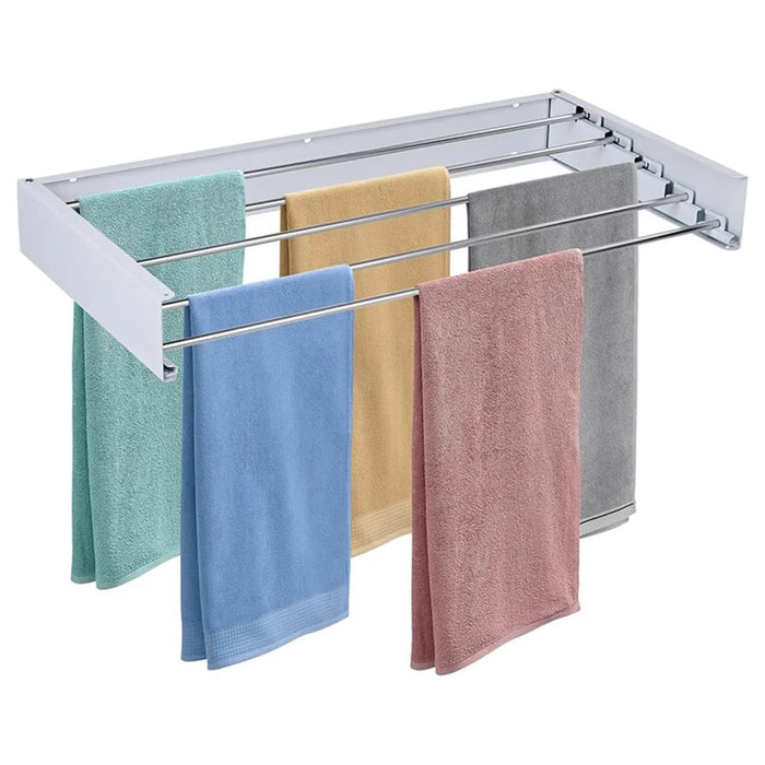 100CM Retractable Wall-Mounted Bathroom Towel Holder Iron+Aluminum Space-Saving Drying Rack (5 Rods) - White - 1
