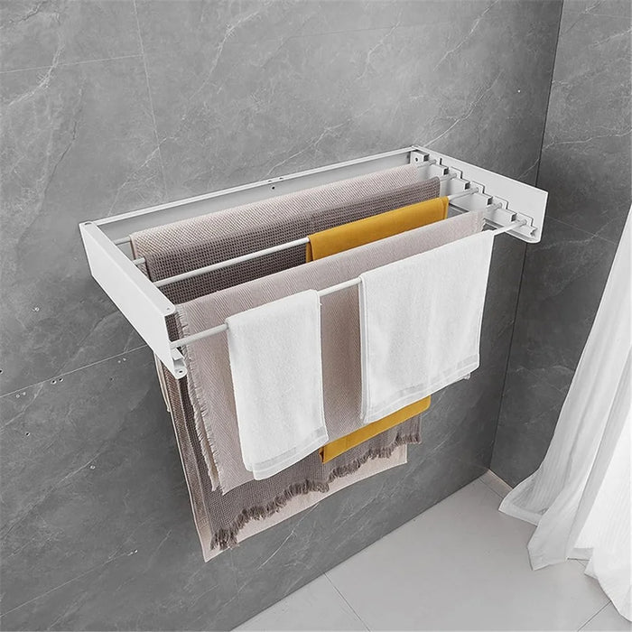 100CM Retractable Wall-Mounted Bathroom Towel Holder Iron+Aluminum Space-Saving Drying Rack (5 Rods) - White - 4
