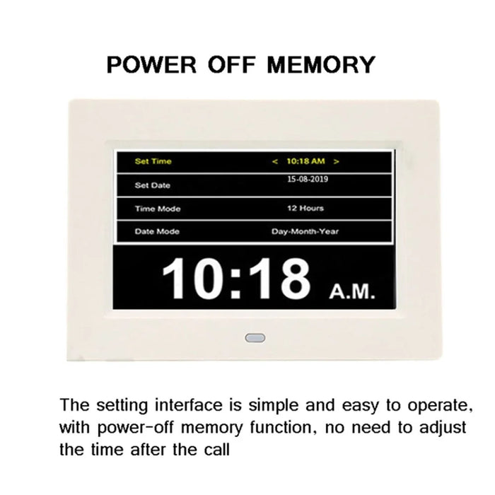 Alarm Clock Digital Calendar Day Clock 7-inch Large Display Programmable Medication Reminder, EU Plug - White - 2