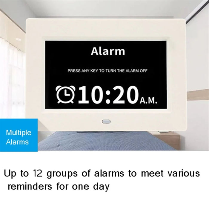 Alarm Clock Digital Calendar Day Clock 7-inch Large Display Programmable Medication Reminder, EU Plug - White - 3