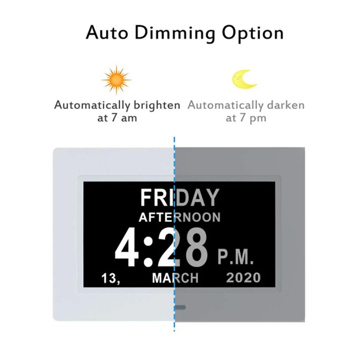 Alarm Clock Digital Calendar Day Clock 7-inch Large Display Programmable Medication Reminder, EU Plug - White - 4