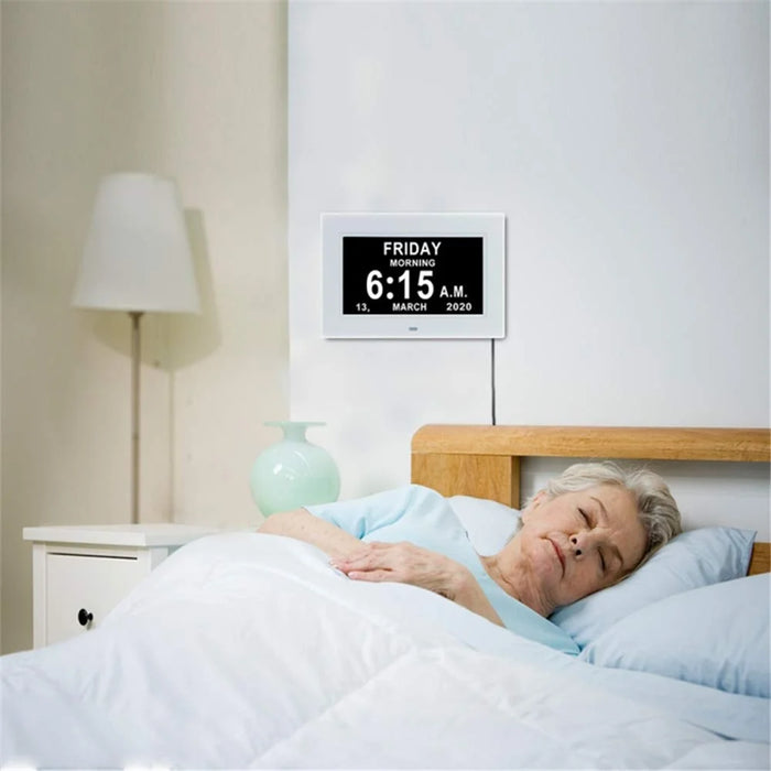 Alarm Clock Digital Calendar Day Clock 7-inch Large Display Programmable Medication Reminder, EU Plug - White - 6
