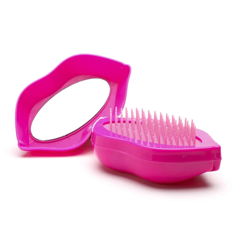 ABS Plastic Lip-Shaped Hair Comb Compact Mini Travel Hair Brush Hairbrush with Mirror for Women - Rose - 1