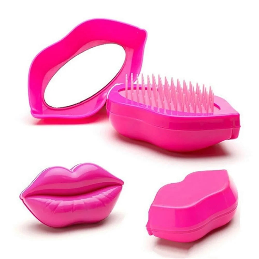 ABS Plastic Lip-Shaped Hair Comb Compact Mini Travel Hair Brush Hairbrush with Mirror for Women - Rose - 6