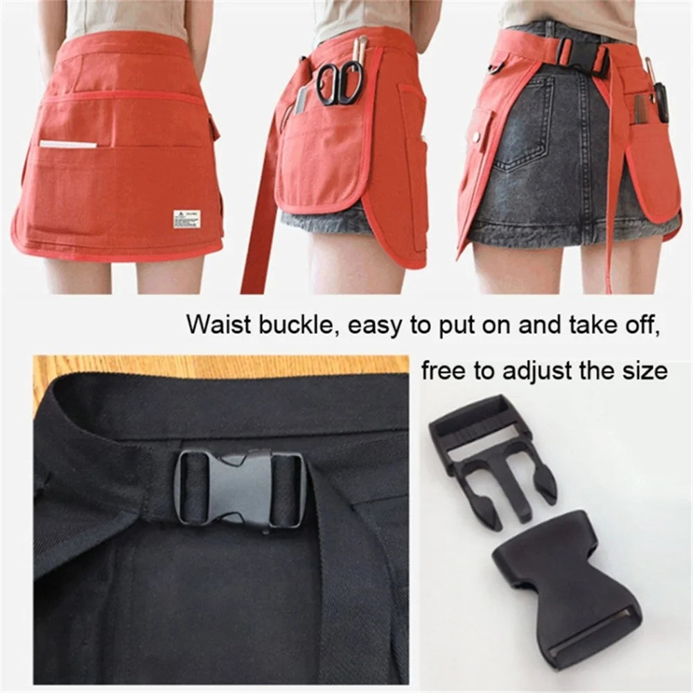 Multi Pockets Cosmetics Gardening Tools Storage Short Apron Waist Buckle Canvas Work Apron - Army Green - 4