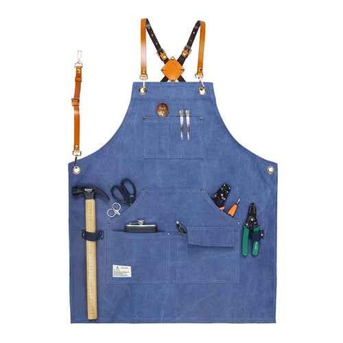 D001 Multi-pockets Apron Waterproof Canvas Apron for Heavy Duty Woodworking Gardening, Brown Leather Strap - Blue - 1