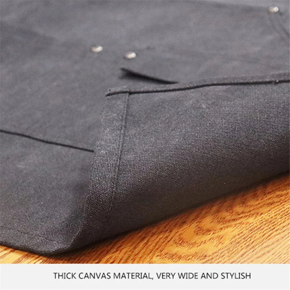 D001 Multi-pockets Apron Waterproof Canvas Apron for Heavy Duty Woodworking Gardening, Brown Leather Strap - Blue - 3
