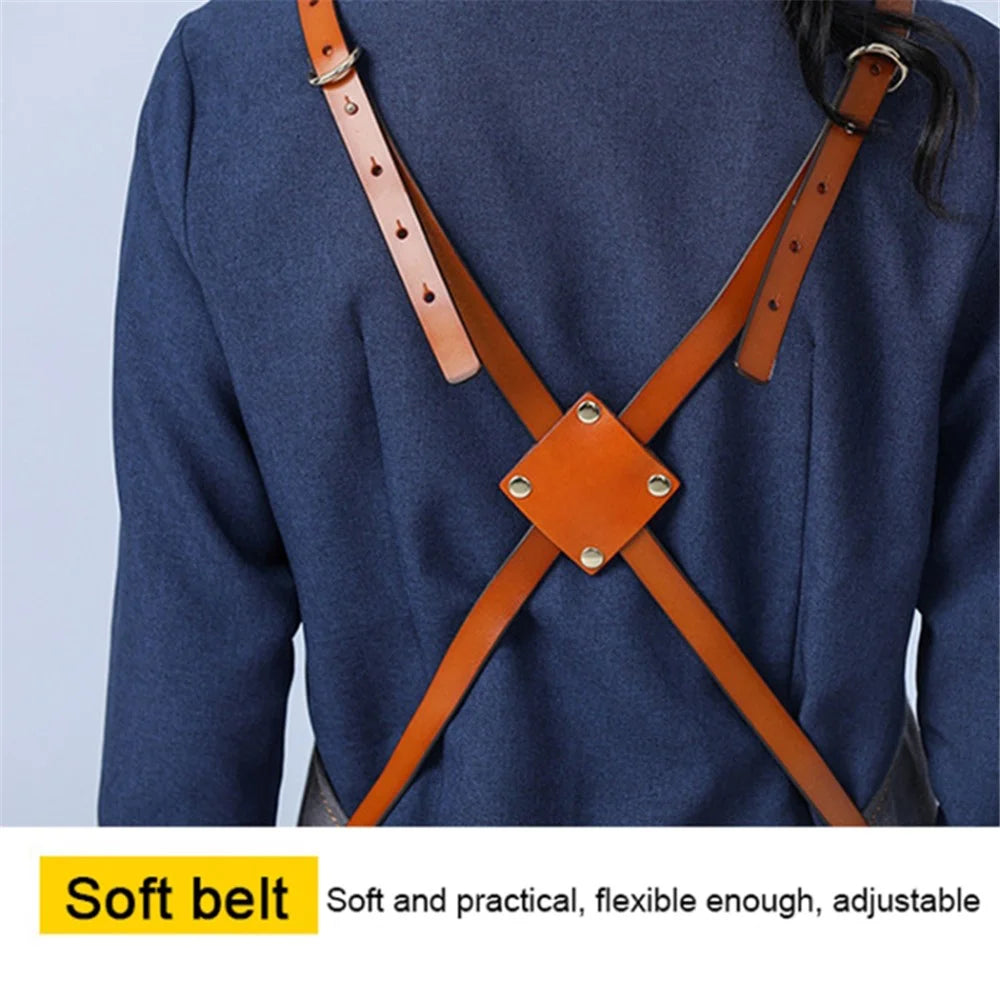 D001 Multi-pockets Apron Waterproof Canvas Apron for Heavy Duty Woodworking Gardening, Brown Leather Strap - Blue - 5