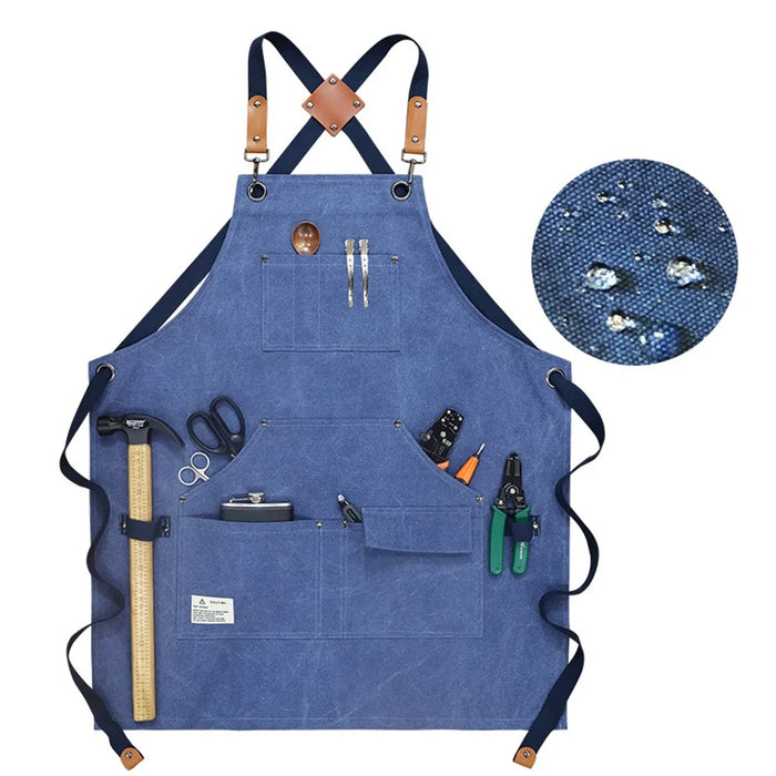 D001 Carpenter Work Apron with Multiple Pockets Gardening Woodworking Waterproof Canvas Apron - Blue - 1