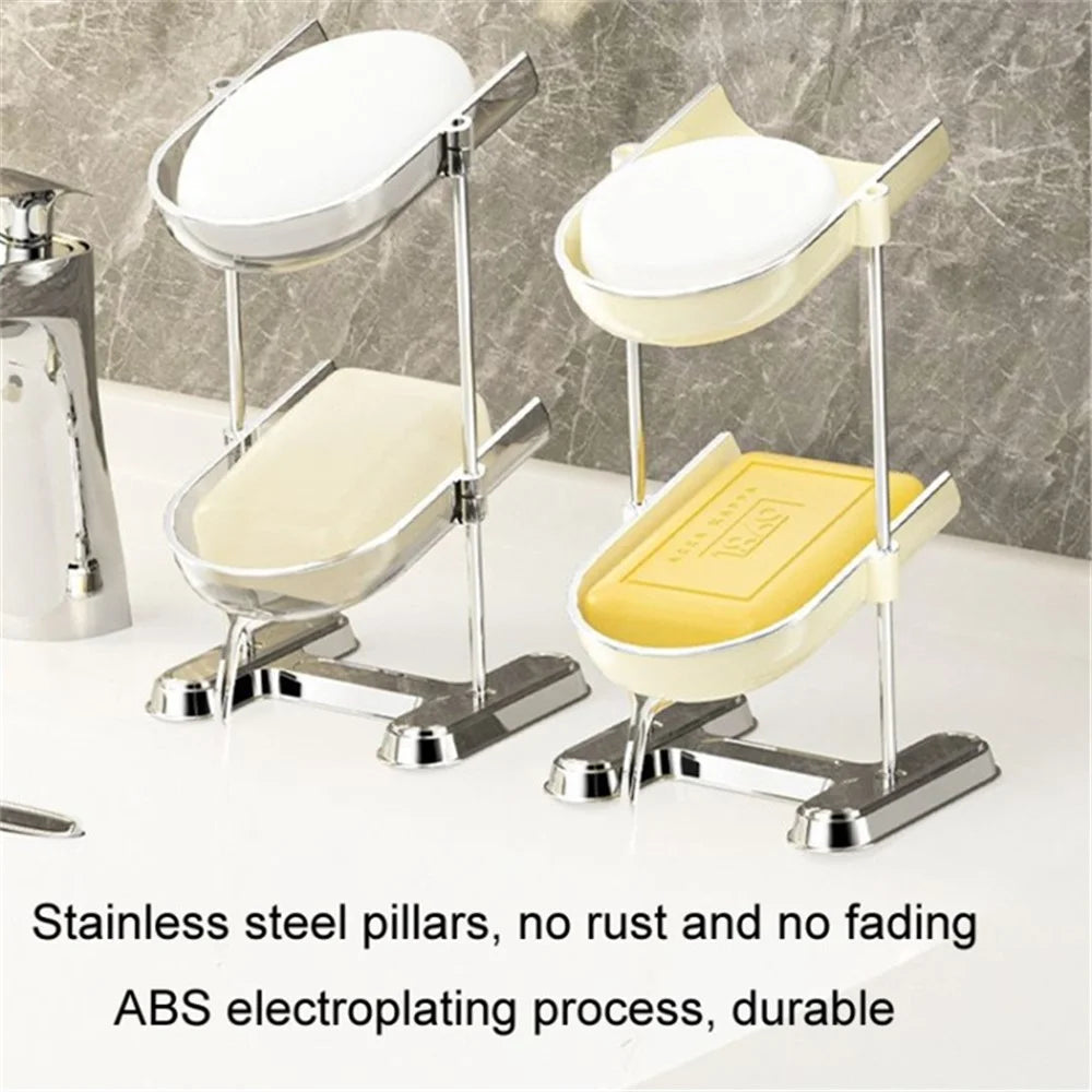 Three Layers Bathroom Stainless Steel Column Soap Holder Tray Draining Soap Dish Electroplating Storage Shelf - Creamy White - 2
