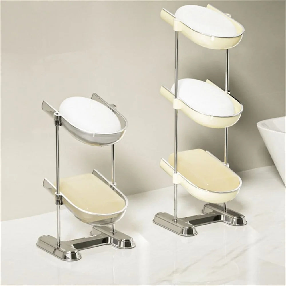 Three Layers Bathroom Stainless Steel Column Soap Holder Tray Draining Soap Dish Electroplating Storage Shelf - Creamy White - 7