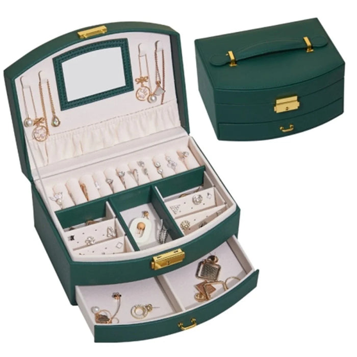 Dual Layer Jewelry Box Organizer Earring Rings Storage Display PU Leather Case, 20x16x10cm - Blackish Green - 1