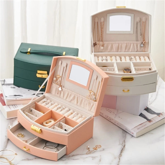 Dual Layer Jewelry Box Organizer Earring Rings Storage Display PU Leather Case, 20x16x10cm - Blackish Green - 5