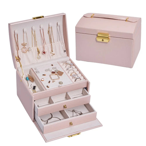 Three Layers Jewelry Box PU Leather Necklace Earring Rings Storage Case with Lock, 17x14x13cm - Pink - 1