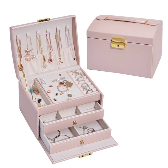 Three Layers Jewelry Box PU Leather Necklace Earring Rings Storage Case with Lock, 17x14x13cm - Pink - 1