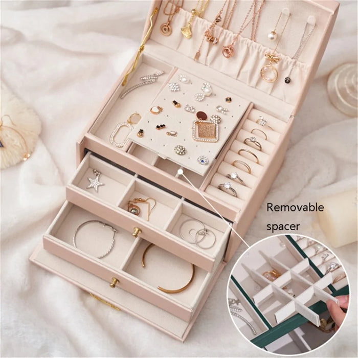 Three Layers Jewelry Box PU Leather Necklace Earring Rings Storage Case with Lock, 17x14x13cm - Pink - 2