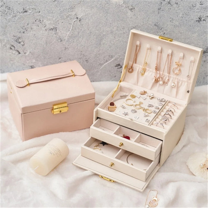 Three Layers Jewelry Box PU Leather Necklace Earring Rings Storage Case with Lock, 17x14x13cm - Pink - 4