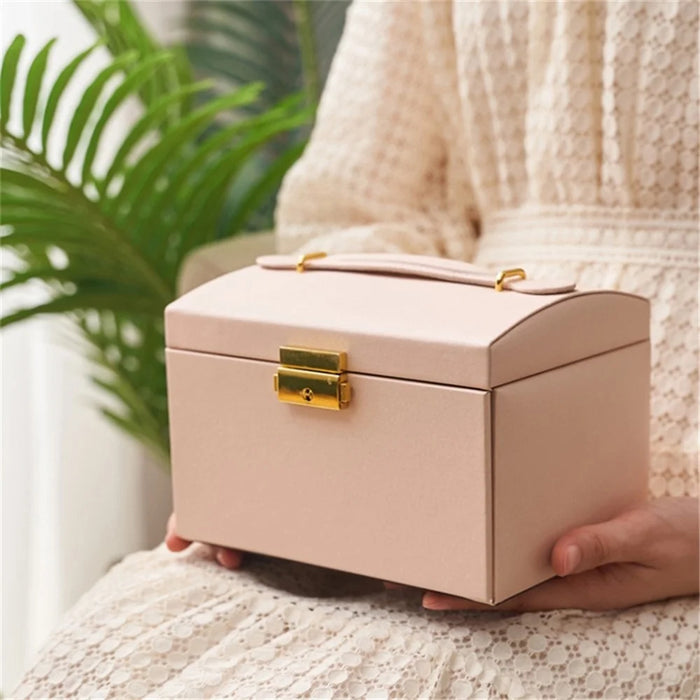 Three Layers Jewelry Box PU Leather Necklace Earring Rings Storage Case with Lock, 17x14x13cm - Pink - 5